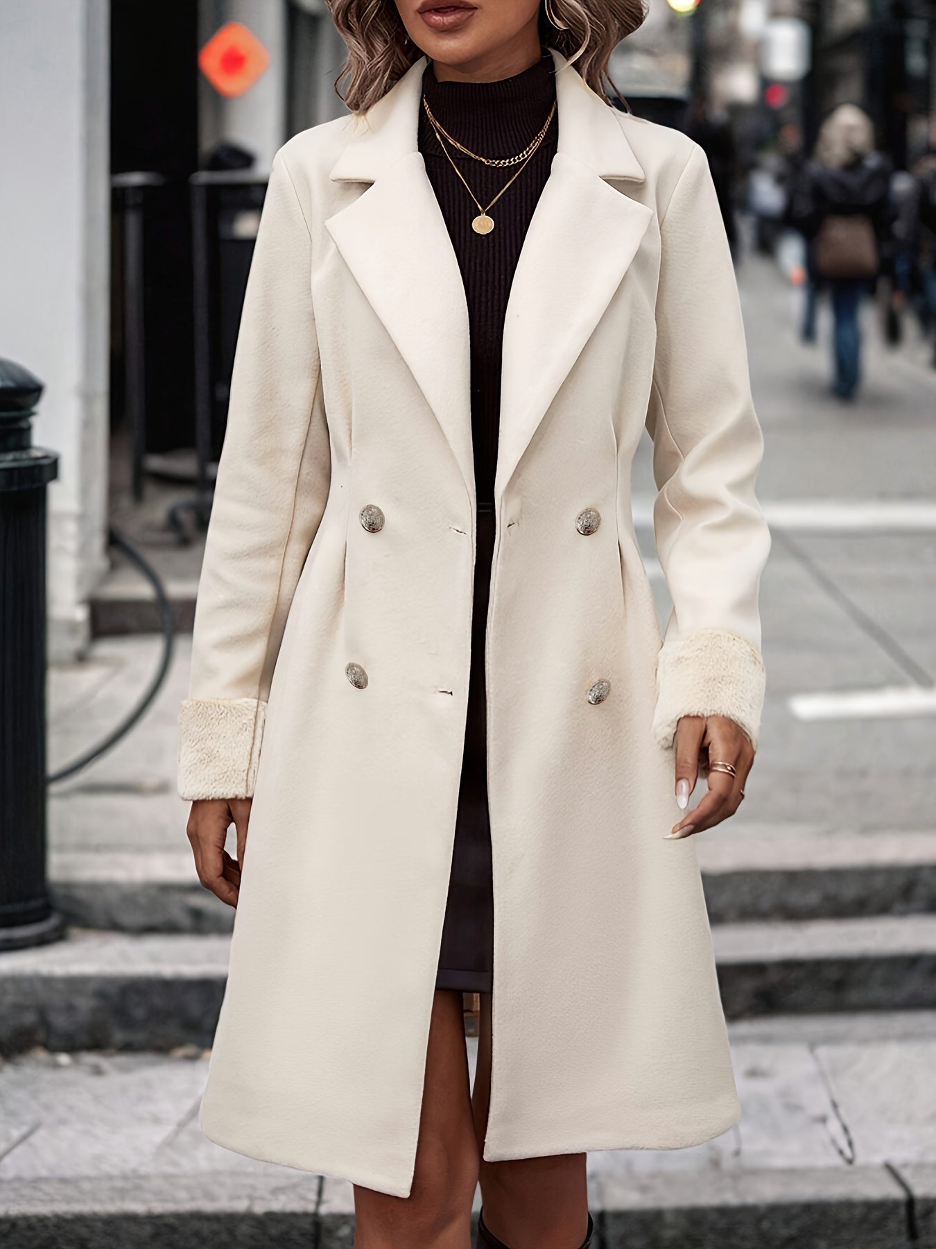 Women's Apricot Coat - Double-Breasted with Fuzzy Cuffs ELVORIA UK