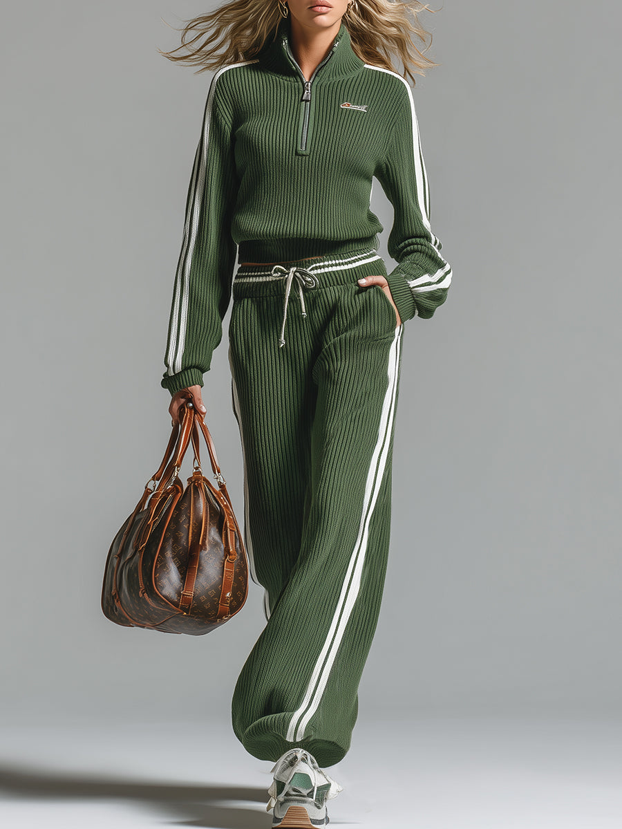 Ensemble rétro décontracté vert sport, pull tricoté demi-zip et pantalon LuvaParis