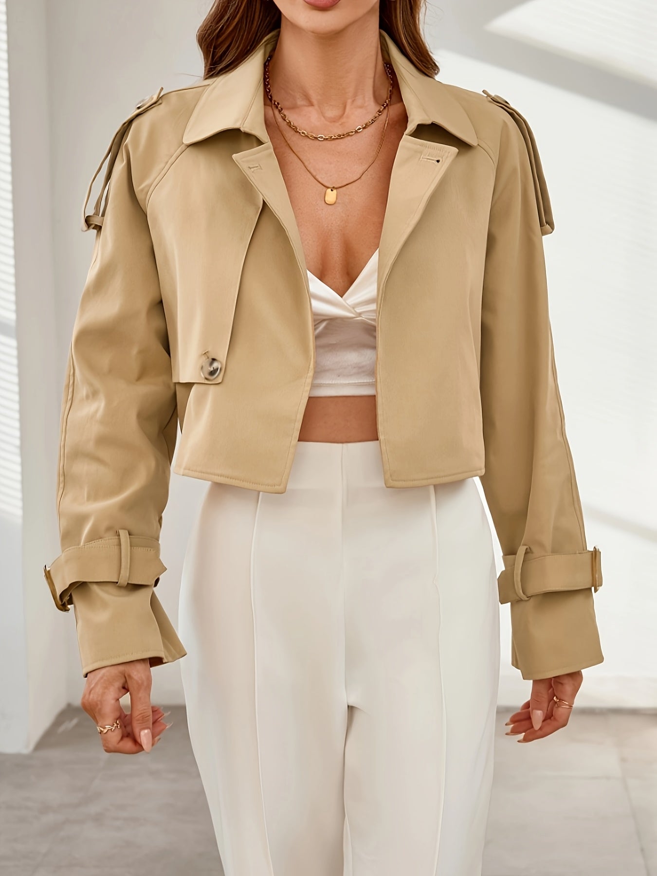 Women's Stylish Khaki Crop Trench Coat - Comfortable & Elegant ELVORIA UK