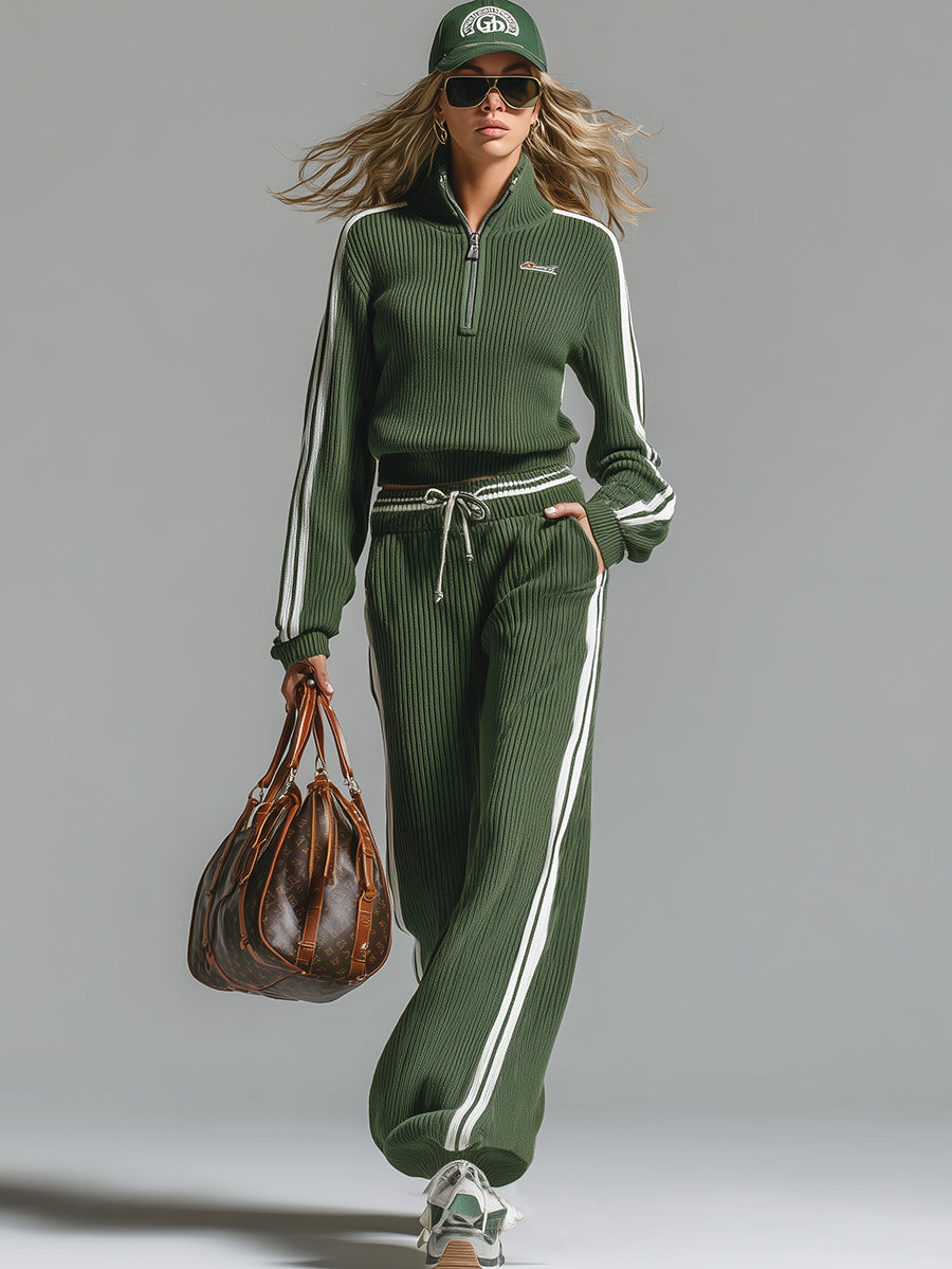 Ensemble rétro décontracté vert sport, pull tricoté demi-zip et pantalon LuvaParis