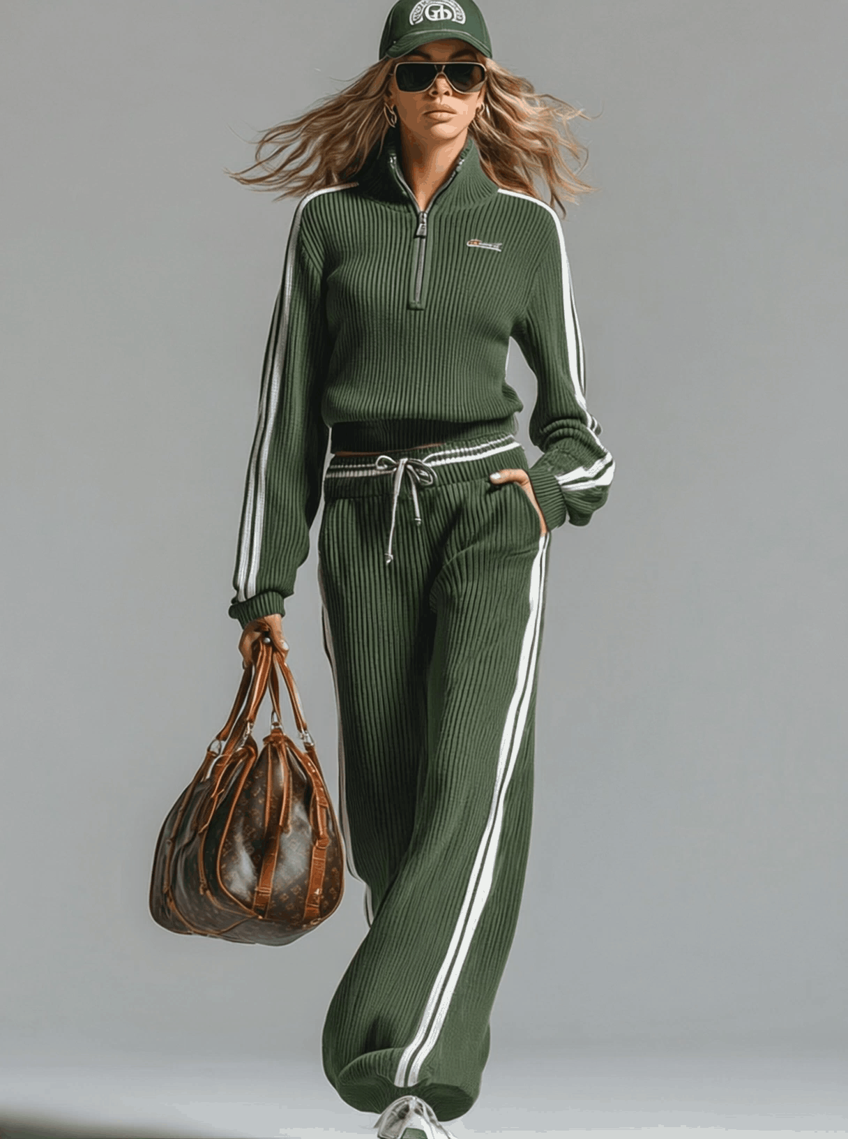 Ensemble rétro décontracté vert sport, pull tricoté demi-zip et pantalon LuvaParis