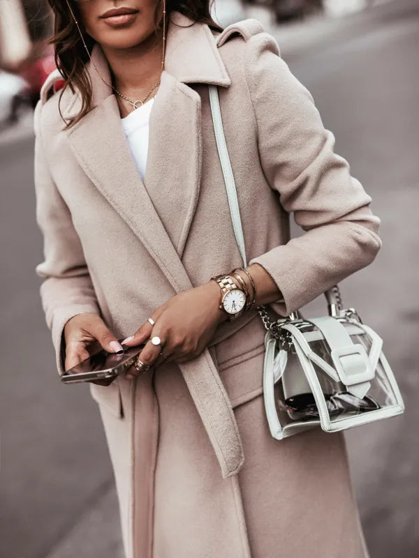 Women's Formal Longline Coat - Waist Belt and Notch Lapel Design ELVORIA UK