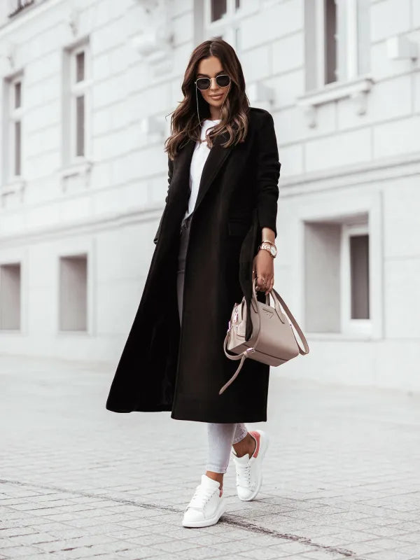 Women's Formal Longline Coat - Waist Belt and Notch Lapel Design ELVORIA UK