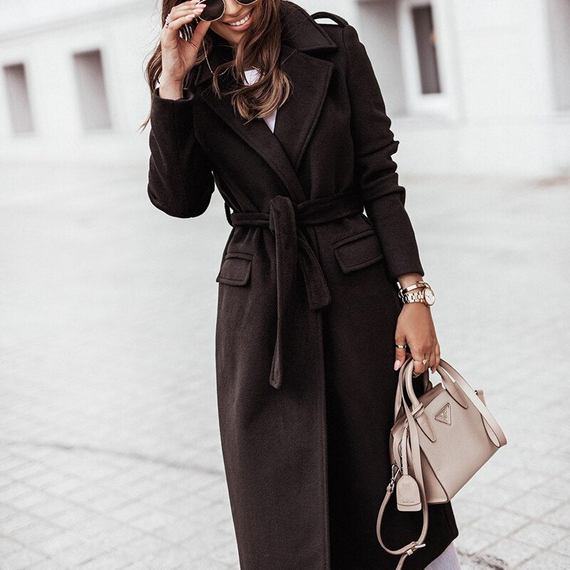 Women's Formal Longline Coat - Waist Belt and Notch Lapel Design ELVORIA UK