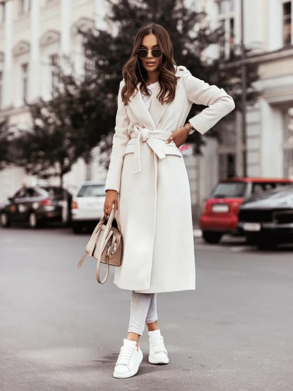 Women's Formal Longline Coat - Waist Belt and Notch Lapel Design ELVORIA UK