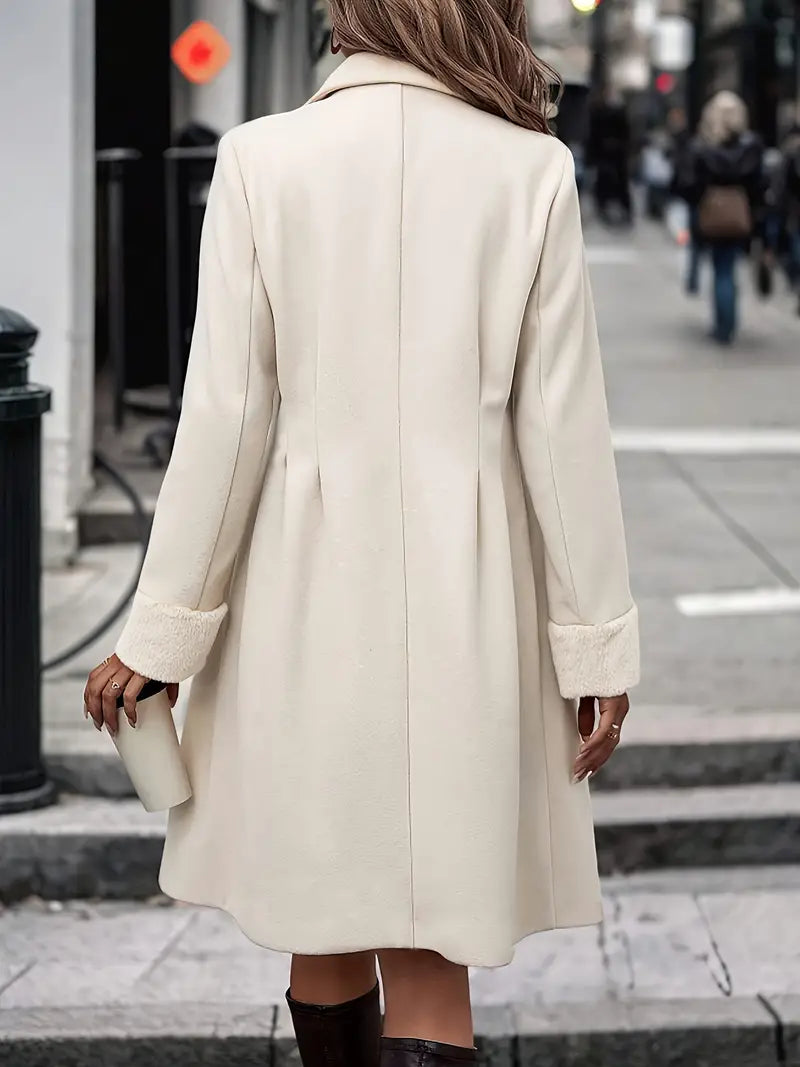 Women's Apricot Coat - Double-Breasted with Fuzzy Cuffs ELVORIA UK